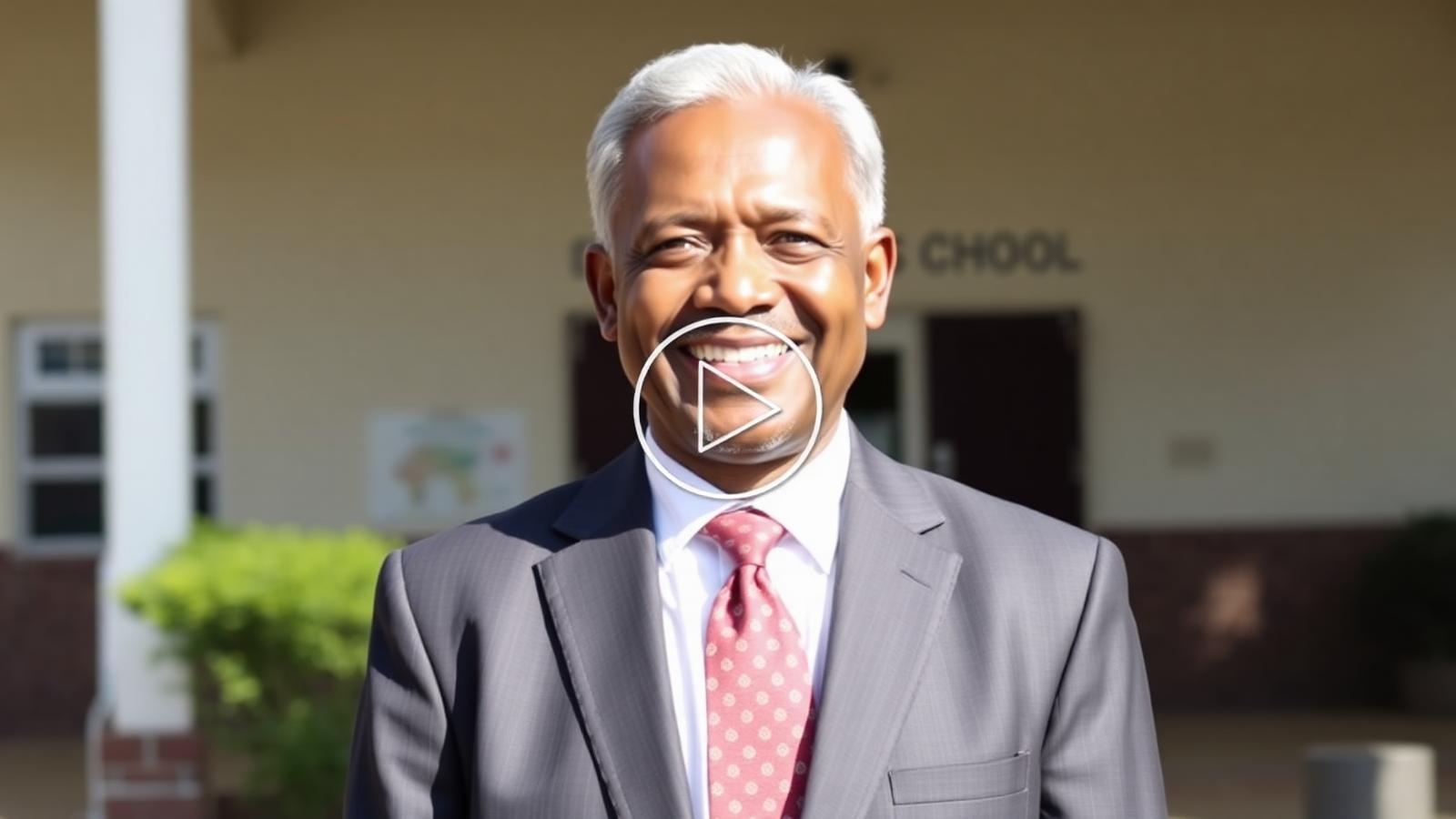 Principal Rev. Samuel K. Doe in front of the school